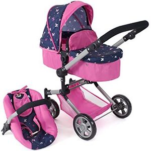 Bayer Chic 2000 - Linus poppenwagen, 3-in-1 voor kinderen van 4 tot 8 jaar, poppenwagen, 592-33, vlinder, marineblauw/roze