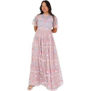 Maya Deluxe Lange jurk met korte mouwen en ronde hals bloemenborduurwerk tule jurk voor bruidsmeisjes, bruiloft, eindejaarsbal jurk (1 stuk), Frosted Rose