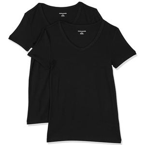 Amazon Essentials Set van 2 T-shirts met korte mouwen en V-hals voor dames, slim fit, zwart, maat S