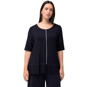 Ulla Popken T-shirt pour femme, passepoilé, classique, coutures décoratives, col rond, manches mi-longues, bleu foncé, 44-46