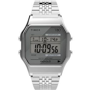 Timex Pac-Man T80 horloge 34 mm, Zilveren armband, Timex T80 34 mm horloge met zilverkleurige digitale wijzerplaat en roestvrijstalen armband