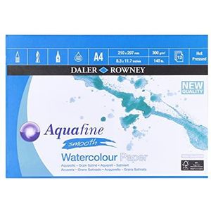 Daler-Rowney Aquafine Aquarelpapier, 300 g/m², A4, 1 zijde, glad, heet geperst, voor aquarel- en gouache-aquarelpapier, 12 vellen, 1 zijde, natuurlijk wit, ideaal voor professionals en beginners, zuurvrij