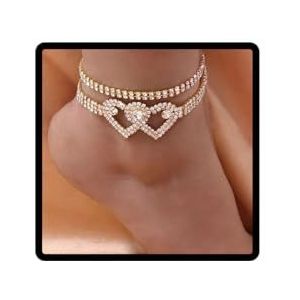 Cubahop Bracelet de cheville double couche avec cristaux et cœur - Accessoires de pied d'été - Bijoux pour femmes et filles