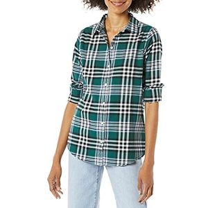 Amazon Essentials Lichtgewicht flanellen dameshemd met lange mouwen, klassiek gesneden, geruit, donkergroen, maat S