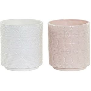 DKD Home Decor Bloempot porselein roze wit (14 x 14 x 15,5 cm) (2 stuks) (S3023966)