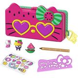 HELLO KITTY Sanrio Hello Kitty etui en accessoires voor strandfeest met 2 figuren, gum, liniaal, potlood en stickers, kinderspeelgoed, GVC40