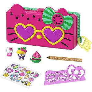 HELLO KITTY Sanrio Hello Kitty etui en accessoires voor strandfeest met 2 figuren, gum, liniaal, potlood en stickers, kinderspeelgoed, GVC40