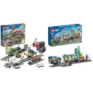 LEGO 60198 City op afstand bestuurbare goederentrein, speelgoed voor kinderen vanaf 6 jaar & 60335 City Station: stedelijk avontuur met bus, hefwieg, 6 minifiguren, straatborden