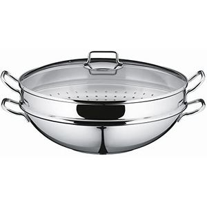 WMF Macao Wok 36cm 4-delig (glazen deksel,Tempura Rek, Stoominzet, receptenboek),TransTherm universele bodem, Cromargan 18/10 RVS, Ovenbestendig, Vaatwasserbestendig, Geschikt voor Inductie, 792566040