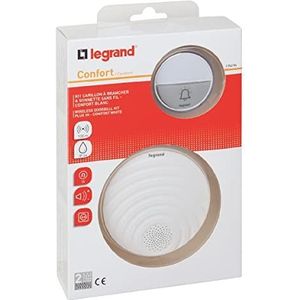 Legrand 094254, draadloze deurbelset Comfort 230 V met waterdichte belknop (IP44) op batterijen, bereik van 100 m, 1x gong met stekker voor stopcontact, 15 melodieën, 1x belknop