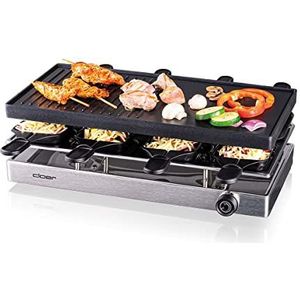 Cloer 6458 Grillwisser met gegoten aluminium plaat, 8 raclette pannen met antiaanbaklaag, kunststof spatel, onverwarmde parkeerplaats, 1200 W, aluminium