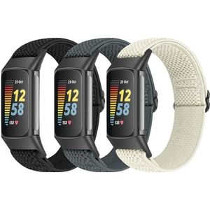 Bcuckood Set van 3 elastische armbanden, compatibel met Fitbit Charge 6/Charge 5, verstelbare sportgesp, ademend nylon, reservearmband voor Fitbit Charge 6/5, heren en dames, Geen edelsteen