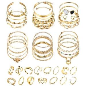 FIOROYAL 39-delige Boho gouden sieradensets voor dames en meisjes, boho, verstelbaar, armband en scharnierringen, meerlaagse stapelbare open manchet, gouden armband, mode-sieraden, staal, Roestvrij