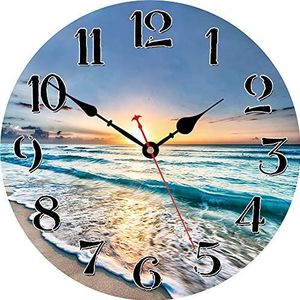 VIKMARI Silent Wall Clock Non-Tik, Quartz Movement Uitstekende Nauwkeurige Houten Wandklok 14 inch Ocean Wave