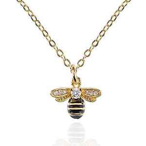 namana Damesketting met bijenhanger, halsketting voor dames en meisjes, bij halsketting met zirkonia en zwart email, dameshalsketting in zilver, geelgoud of roségoud, met verpakking, Goud, Zirkonia