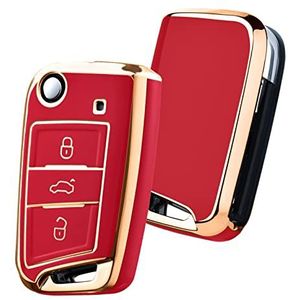 OATSBASF Autosleutel hoesje VW,VW Golf 7 sleutelbox, sleutelhoes cover voor VW Polo Skoda Seat 3 toetsen (gouden rand rood)