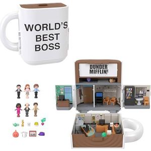 Polly Pocket The Office JCC19 Set met 6 karakterfiguren en 9 accessoires, verzamelbaar partnerschapsspeelgoed, set in mokvorm, geïnspireerd op de serie The Office, JCC19