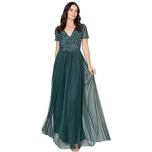 Maya Deluxe Womens Ladies Dress for Wedding Guest Plus Size Empire High Waist Sequins Short Sleeve Evening Bridesmaid, jurk voor bruidsmeisje, dame (1 stuks), Emerald Groen