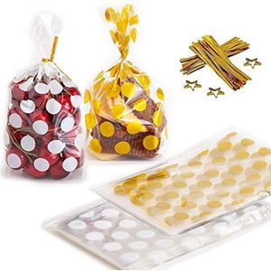 Sunbbingsp 200 stuks plastic zakjes voor snoep met 200 goudkleurige bevestigingen, plastic zakken, snoepzakken voor koekjes, cake, chocolade, snoep