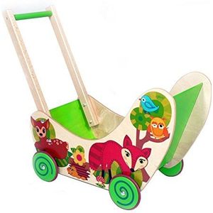 Hess houten speelgoed 31169 - poppenwagen van hout, bosdieren serie - handgemaakt, met rubberen banden voor kinderen vanaf 12 maanden, ca. 54 x 8,5 x 38,8 cm, om te wandelen met pop en teddybeer