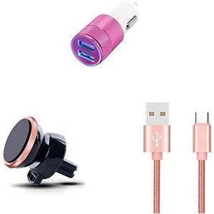 Autolader voor Samsung Galaxy Tab S5e (kabel metaal type C + dubbele adapter sigarettenaansteker + magneethouder) (roze)