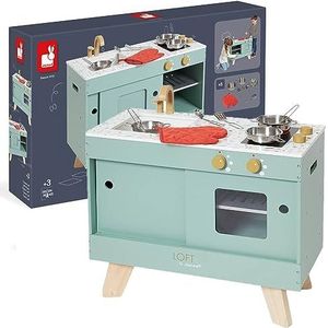 Janod - Loft houten keuken - imitatie speelgoed keuken en dinette - vintage en eigentijdse stijl - 7 metalen gebruiksvoorwerpen en stoffen handschoen - waterverf - vanaf 3 jaar, J06556