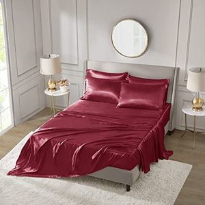 Madison Park Satijnen beddengoedset, 6-delig, kreukvrij, luxueus, zijdeachtig, met diepe zak, 40,6 cm, rood
