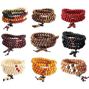 CASSIECA 108 Mala houten kralen armband/halsketting, rozenkrans, kralen, meerkleurig, boeddhistisch, Tibetaans Boeddha, Chinese Mala, elastische knoop, rozari-armband voor heren en dames, 9 stuks, één