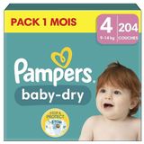 Pampers Baby-Dry luiers maat 4 (9-14 kg), 204 luiers voor baby's, 1 maand verpakking, tot 12 uur droog met de Stop & Protect-zakje, nu met meer lagen