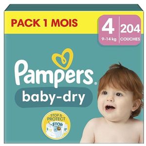 Pampers Baby-Dry Luiers, maat 4 (9-14 kg), 204 luiers voor baby's, verpakking voor 1 maand, tot 12 uur droog met het Stop & Protect-zakje, nu met meer lagen