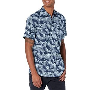 Amazon Essentials Heren bedrukt shirt korte mouwen klassieke pasvorm marineblauw hemelsblauw palmblad maat L