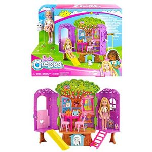 Barbie Boomhut set met Chelsea pop en puppy, poppenhuis met meubels en glijbaan en meer dan 10 accessoires, speelgoed voor kinderen, vanaf 3 jaar, HPL70