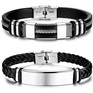 Adramata 2 armbanden voor heren, leer, zwart, siliconen enveloparmband, personaliseerbare herenarmband, roestvrij staal, pantserketting voor heren, cadeau voor verjaardag, heren, cadeau voor Vaderdag,