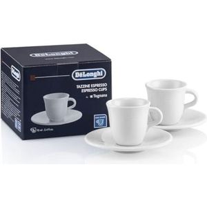 De'Longhi DLSC308 Set van 2 keramische porseleinen kopjes, gemaakt in Italië, comfortabel om vast te houden, condensvrij, vaatwasmachinebestendig, inhoud 70 ml elk, ook schoteltjes inbegrepen