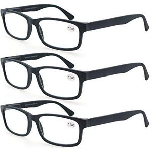 MODFANS Leesbril, 3 stuks, 1,75 (3 zwart) voor mannen en vrouwen, leesbril, comfort visie, heldere beugel, veerbeugel, bril, vergrootglas, rechthoekig, 3 paar zwart