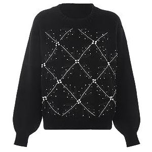 faina Women's Femme Soie Clair Diamant Plaid Design Col Rond Noir Taille XL/XXL Pull Sweater, Noir, XL