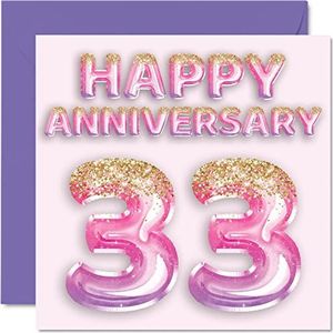 Schattige kaart voor de 33e verjaardag voor vrouwen, vriendin, echtgenoot, vriend, glitterballonnen, roze paars, wenskaarten voor de 33e verjaardag, 145 mm x 145 mm