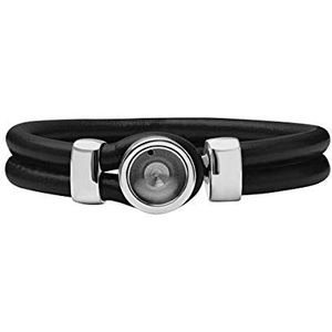 Quiges Zwarte leren armband 20 cm met 12 mm roestvrijstalen standaard mini zilveren munt 20 centimeter, leer, Leer