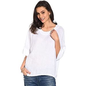 Bonateks Tunique Haut Femme 100% Lin Fabriquée en Italie, Top bi-matière à col Rond avec Manches Chauve-Souris, Blanc, Taille: L, Blanc, L