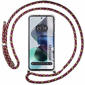 Tumundosmartphone Housse suspendue transparente pour Motorola Moto G23 avec cordon rose/doré