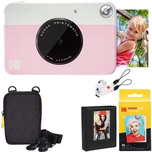 KODAK Printomatic Instant Camera Kit (roze) + zinkpapier etui (20 vellen) + fotoalbum + hangend frame + comfortabele nekriem
