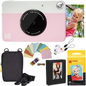 KODAK Printomatic Instant Camera Kit (roze) + zinkpapier etui (20 vellen) + fotoalbum + hangend frame + comfortabele nekriem