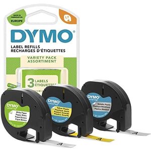 DYMO LetraTag Starter Etiketten, 12 x 4 m (3 cassettes), zwarte print op geel/zilver/wit, papier/kunststof/metaal, zelfklevende etiketten voor DYMO LetraTag labelapparaat