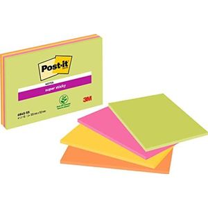 Post-It Super Sticky Plaknotities 6845-SSP, Extragroot: 200 x 149 mm, 4 Blokken Met 45 Blaadjes, Neonkleuren