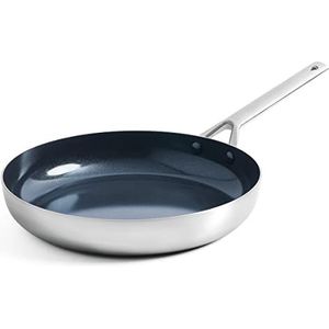 Blue Diamond Triple Steel koekenpan 20 cm van roestvrij staal 18/10 en keramische coating, antiaanbaklaag, PFAS-vrij, meerlaags, inductie, vaatwasser, oven, zilver