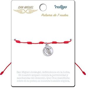 Cotigo 7 knopen armband met religieuze medaille in roestvrij staal - Veel geluk en bescherming tegen het boze oog voor koppels en vrienden - Verstelbaar sieraad - Unisex - Rood, Leer