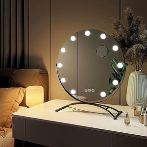EMKE Make-upspiegel, Hollywood, rond, diameter 50 cm, zwart frame, 7 x vergrotingsspiegel met 11 ledlampen, touch-schakelaar, 360 graden draaibaar, licht 3000 K/4000 K/6500 K