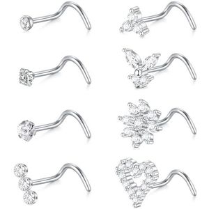 FECTAS Nose Stud Neusring Schroef L Shaped Neusring Stud 18G Corkscrew Neuspiercing Sieraden Roestvrij Staal Diamant CZ Heart Zilver Goud 8 stuks, rvs