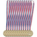 Relaxdays Set van 12 gouden medailles voor kinderen, band, fakkel, beloning voor prijzen, 5 cm diameter, kunststof, goudkleurig