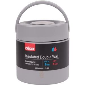Décor Geïsoleerde voedselfles, 2-in-1 voedselcontainer, roestvrij staal, warm en koud, 600 ml, grijs